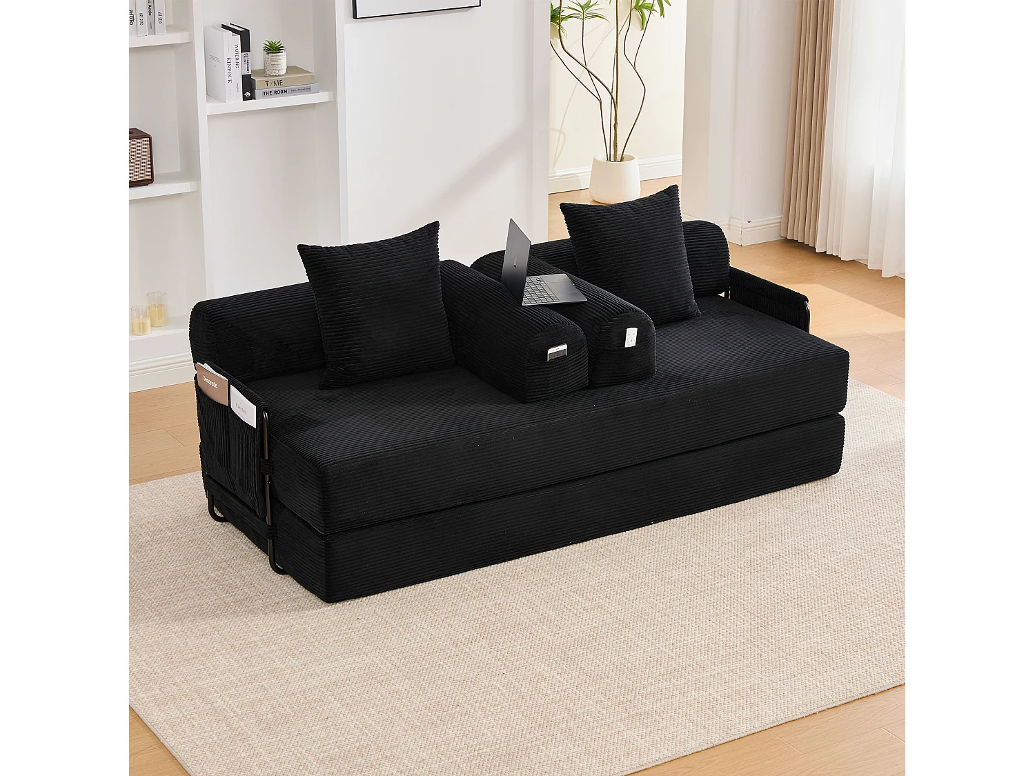 Canapé convertible 3 places - 200 x 94 x 67 cm - avec poches latérales + 3 coussins - velours - noir