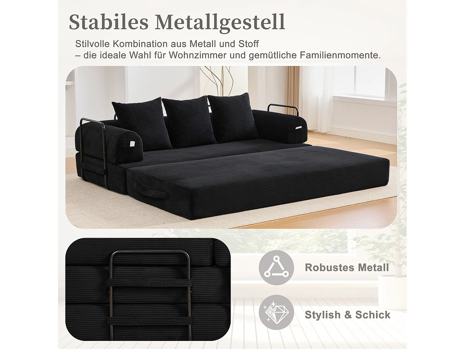 Divano letto 3 posti - 200 x 94 x 67 cm - con tasche laterali + 3 cuscini - velluto - nero