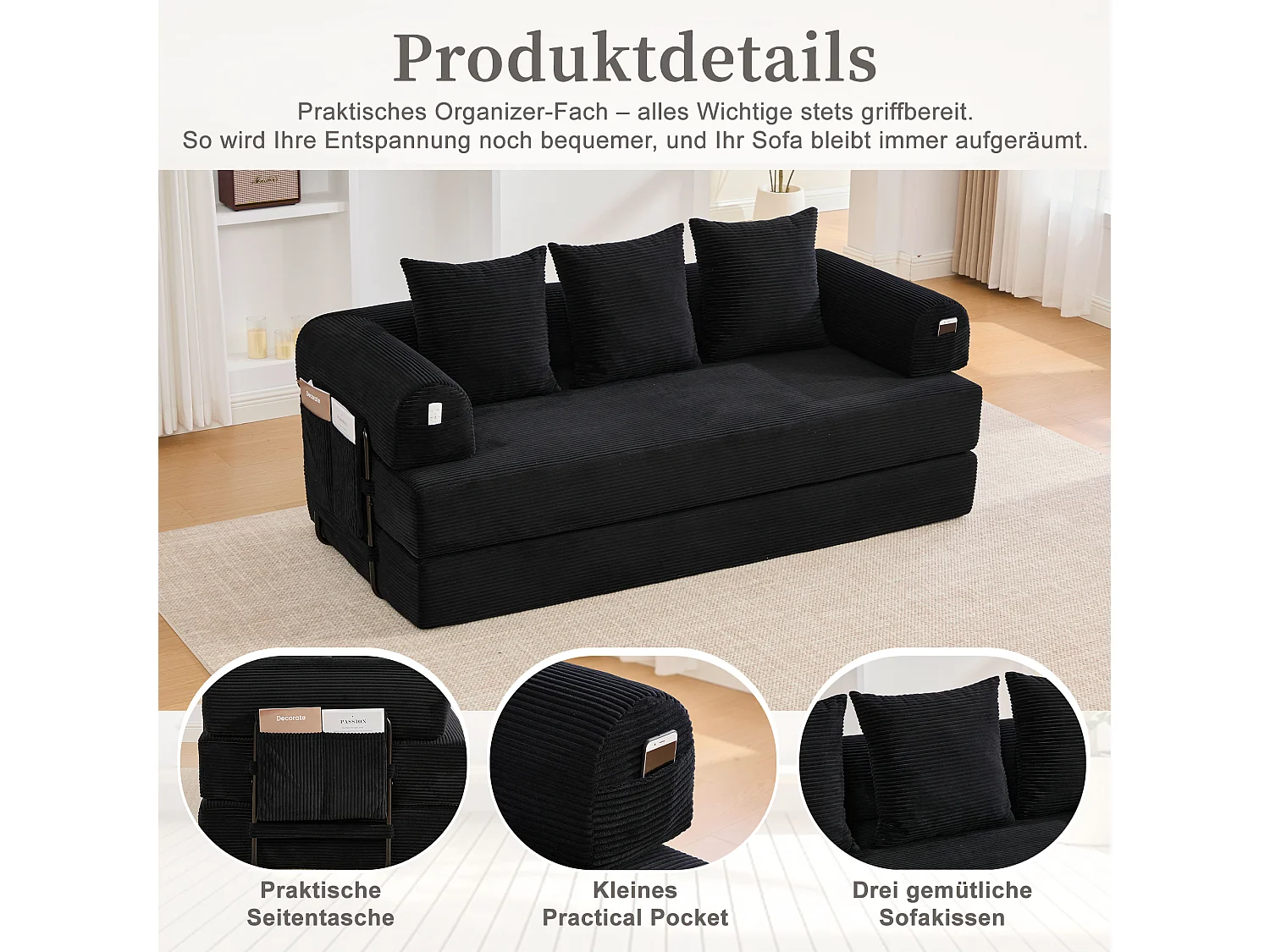 3-sits bäddsoffa - 200 x 94 x 67 cm - med sidofack + 3 kuddar - sammet - svart