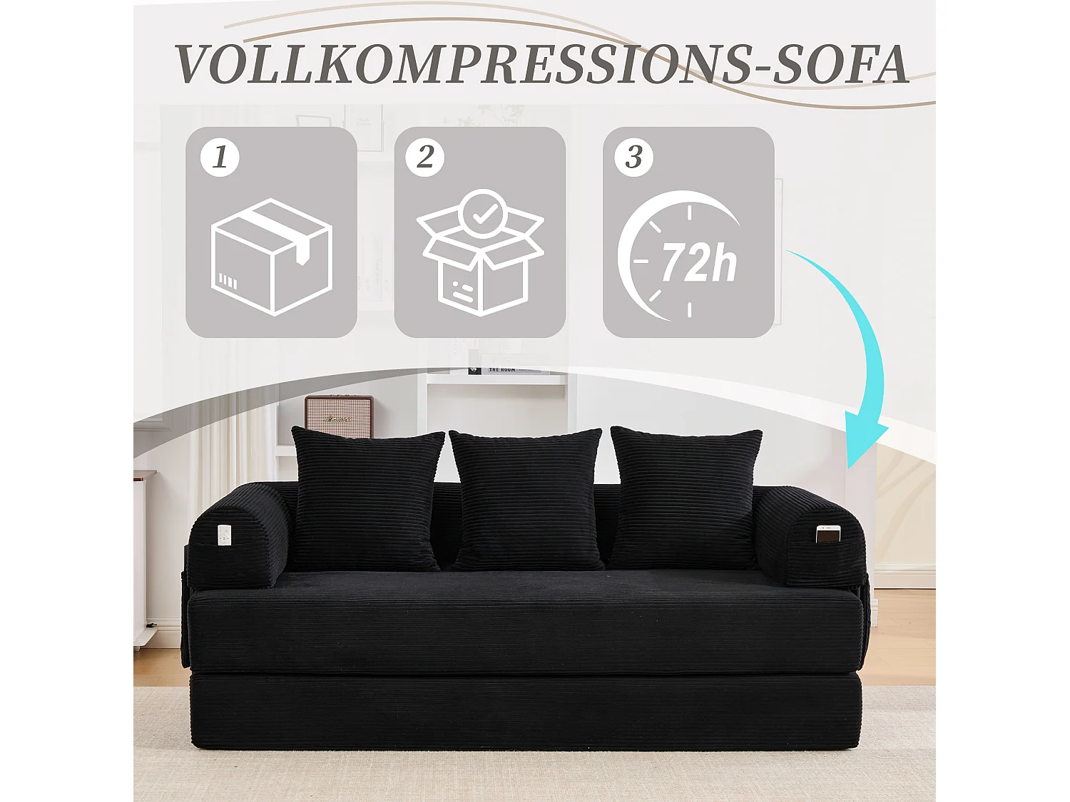 3-sits bäddsoffa - 200 x 94 x 67 cm - med sidofack + 3 kuddar - sammet - svart
