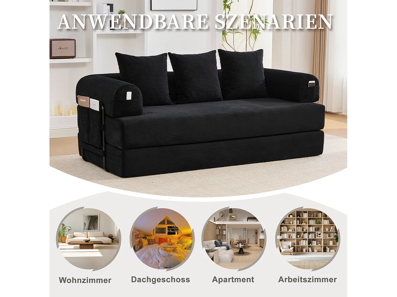 3-sits bäddsoffa - 200 x 94 x 67 cm - med sidofack + 3 kuddar - sammet - svart