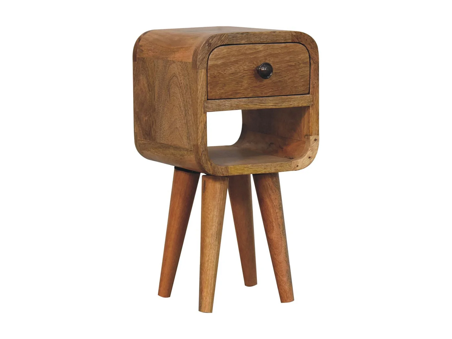 Meuble artisanal – Table de chevet Extra Mini Oak‑ish Curve Lower, 1 tiroir, 1 étagère ouverte, brun propre