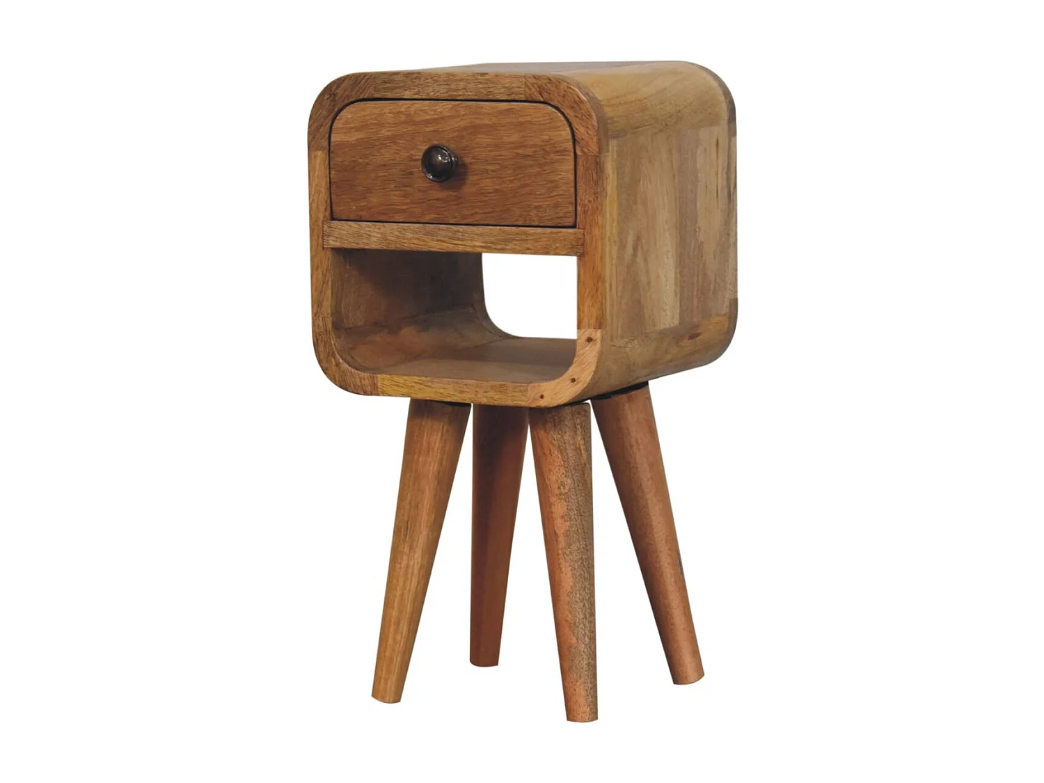 Meuble artisanal – Table de chevet Extra Mini Oak‑ish Curve Lower, 1 tiroir, 1 étagère ouverte, brun propre