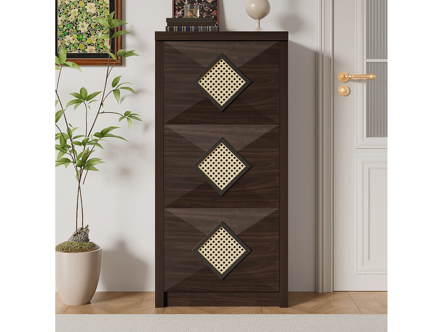 Vintage Schuhschrank mit Rattan-Dekor – 54 x 25 x 115 cm – mit 3 Klappfächern – Spanplatte – dunkel natur