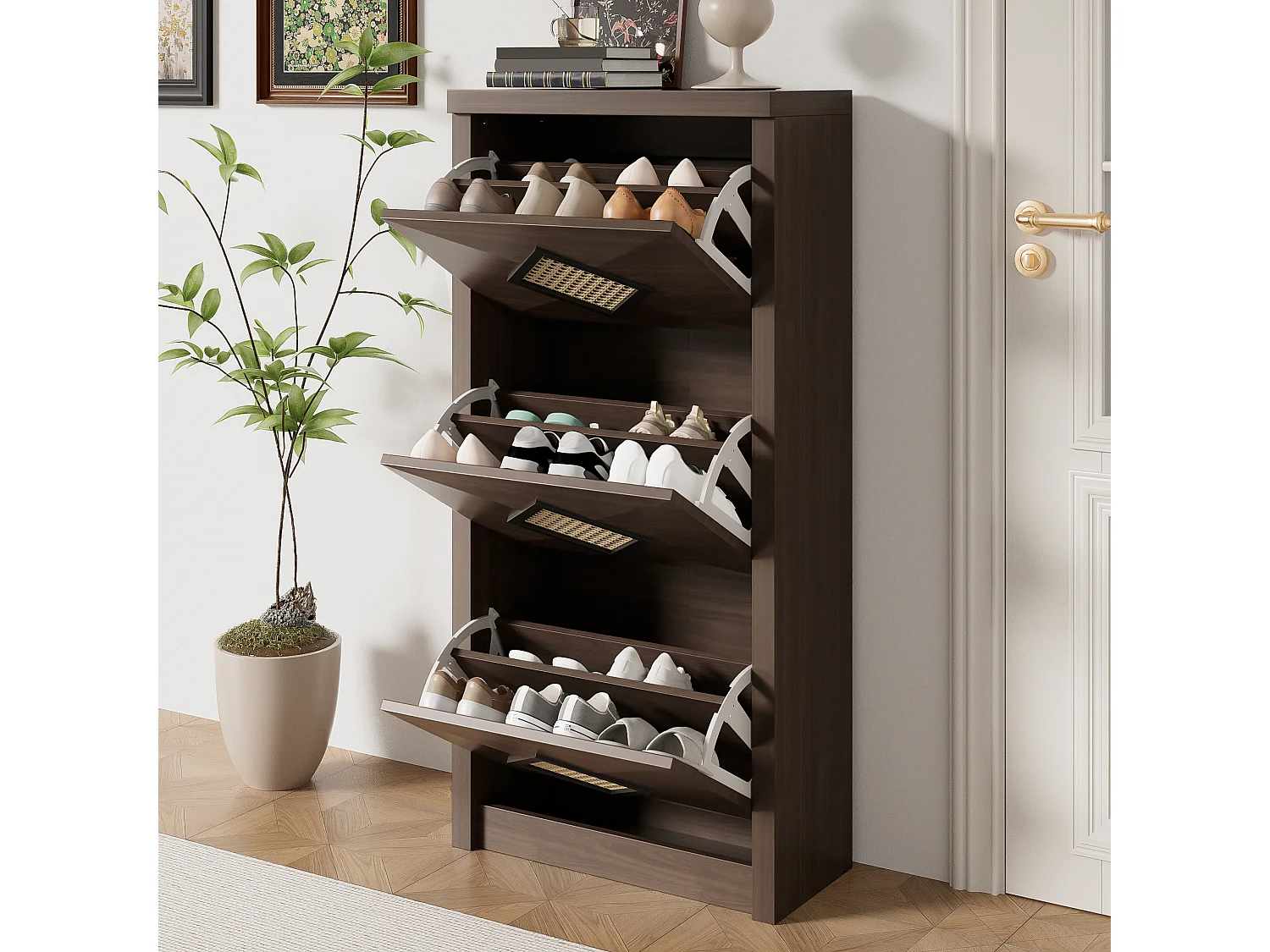 Scarpiera vintage con decoro in rattan - 54 x 25 x 115 cm - con 3 scomparti a ribalta - truciolato - naturale scuro