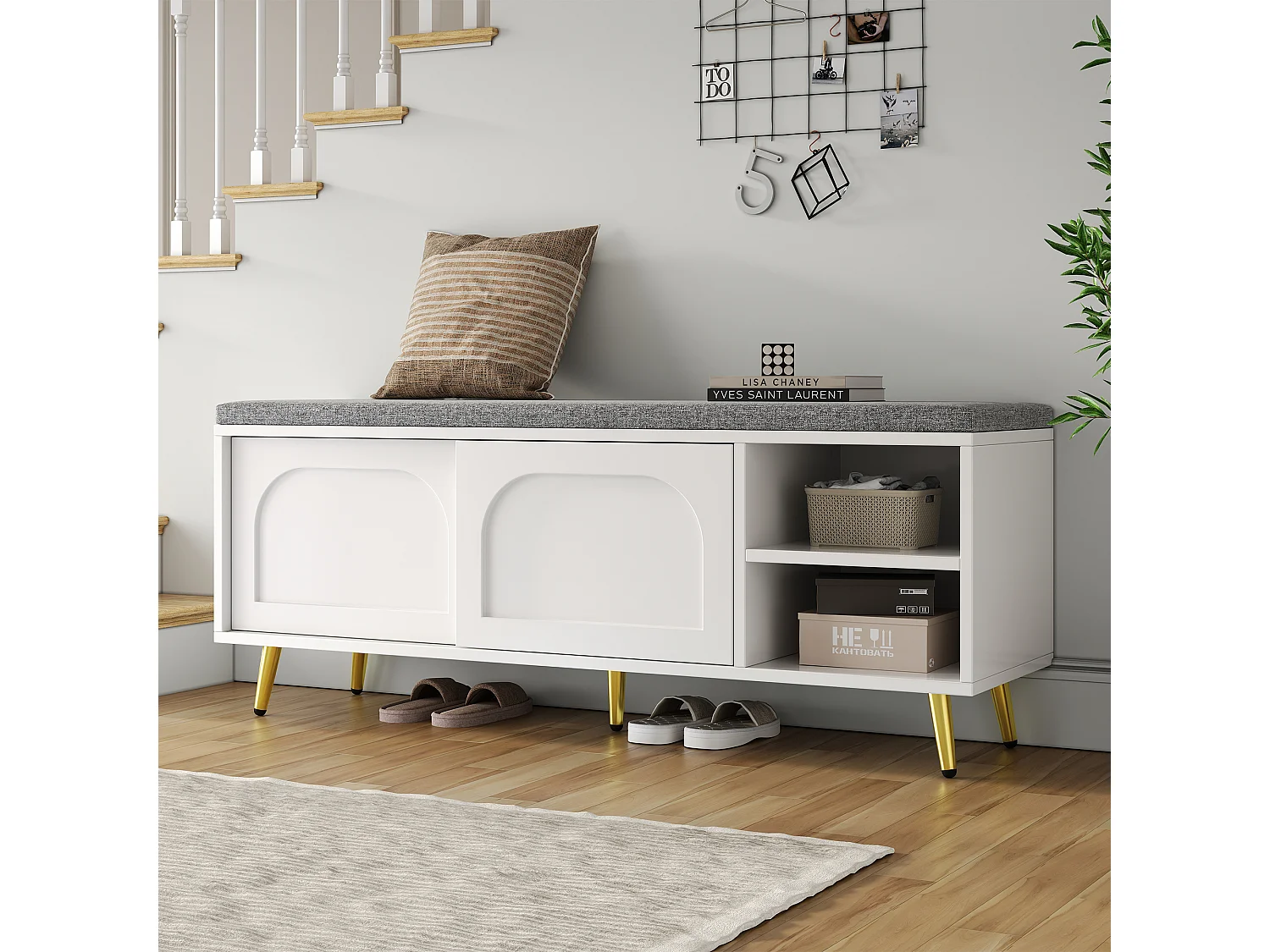 Schoenenkast met zitkussen - 121 x 35 x 49 cm - Schoenenbank met opbergruimte - spaanplaat - wit