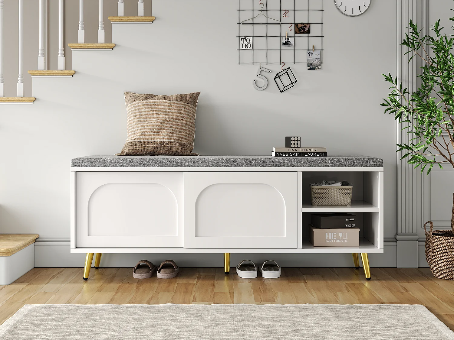 Schoenenkast met zitkussen - 121 x 35 x 49 cm - Schoenenbank met opbergruimte - spaanplaat - wit