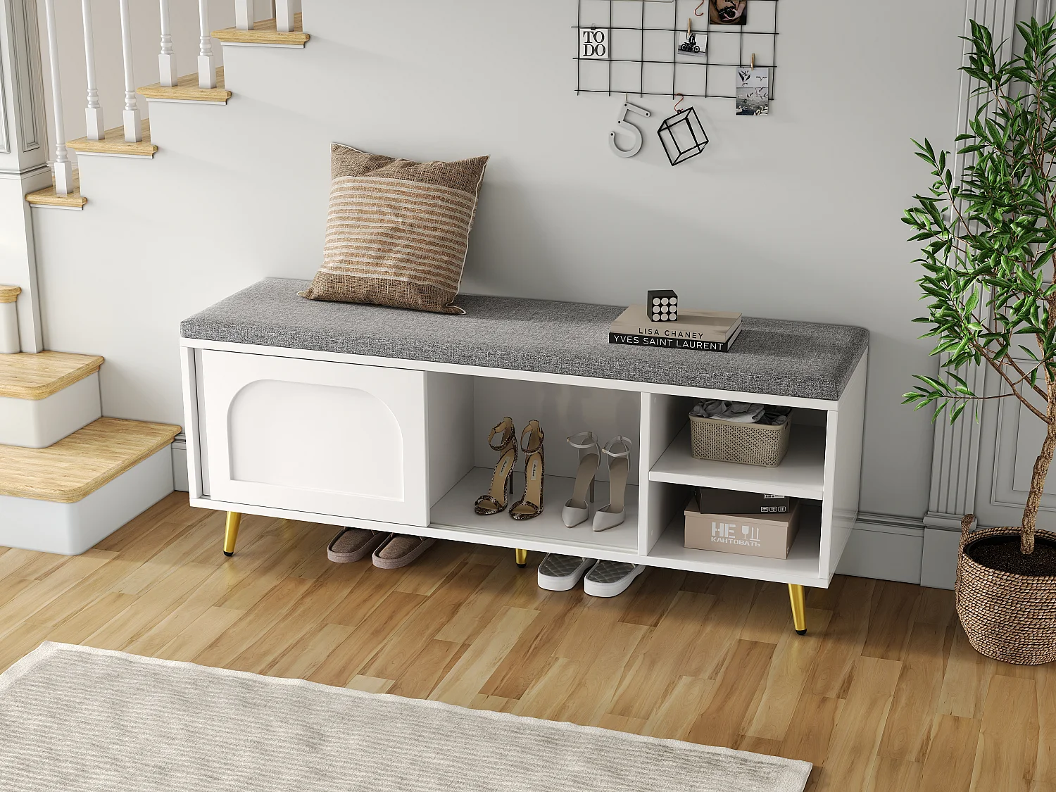 Schoenenkast met zitkussen - 121 x 35 x 49 cm - Schoenenbank met opbergruimte - spaanplaat - wit