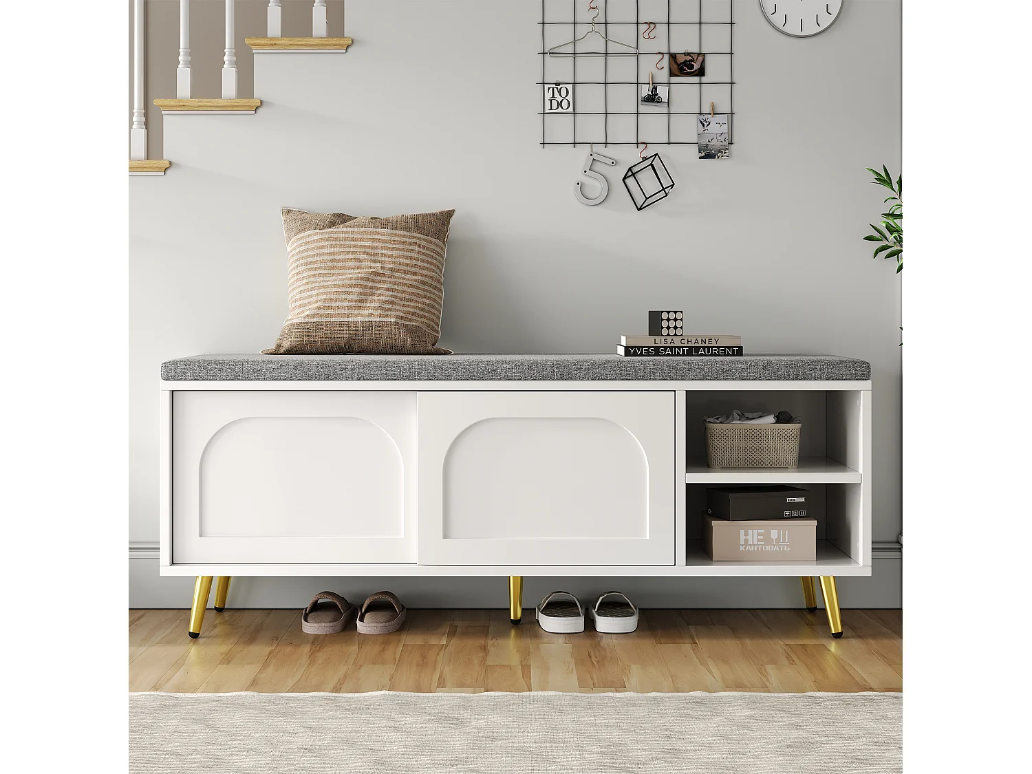Schuhschrank mit Sitzkissen – 121 x 35 x 49 cm – Schuhbank mit Stauraum – Spanplatte – weiß