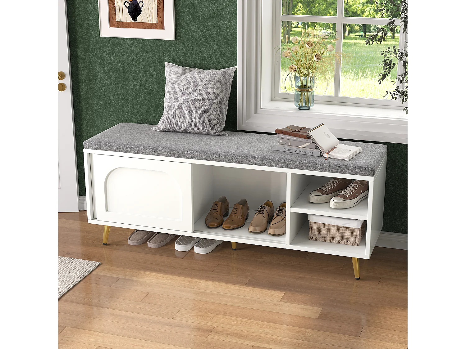 Schuhschrank mit Sitzkissen – 121 x 35 x 49 cm – Schuhbank mit Stauraum – Spanplatte – weiß