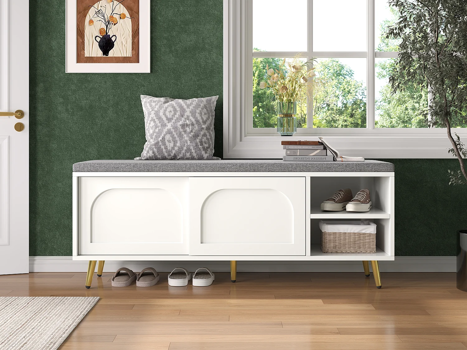 Schuhschrank mit Sitzkissen – 121 x 35 x 49 cm – Schuhbank mit Stauraum – Spanplatte – weiß