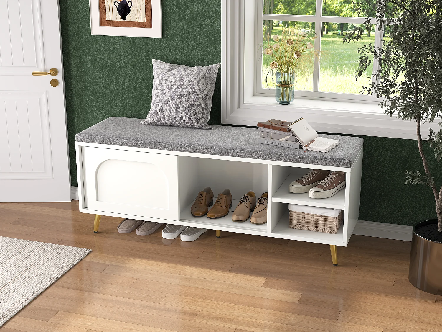 Schuhschrank mit Sitzkissen – 121 x 35 x 49 cm – Schuhbank mit Stauraum – Spanplatte – weiß