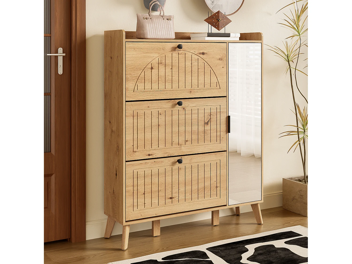 Moderner Schuhschrank mit Spiegel und Flügeltüren + Einlegeboden – 110 x 24 x 137,5 cm – MDF – natur