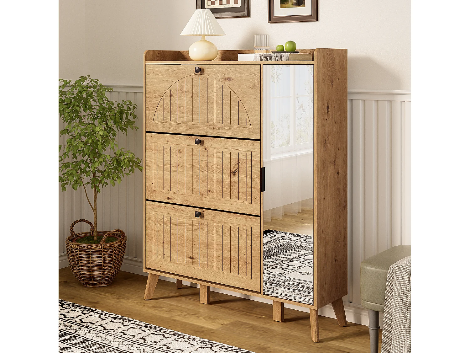 Scarpiera moderna con specchio e ante a battente + ripiano - 110 x 24 x 137,5 cm - MDF - naturale