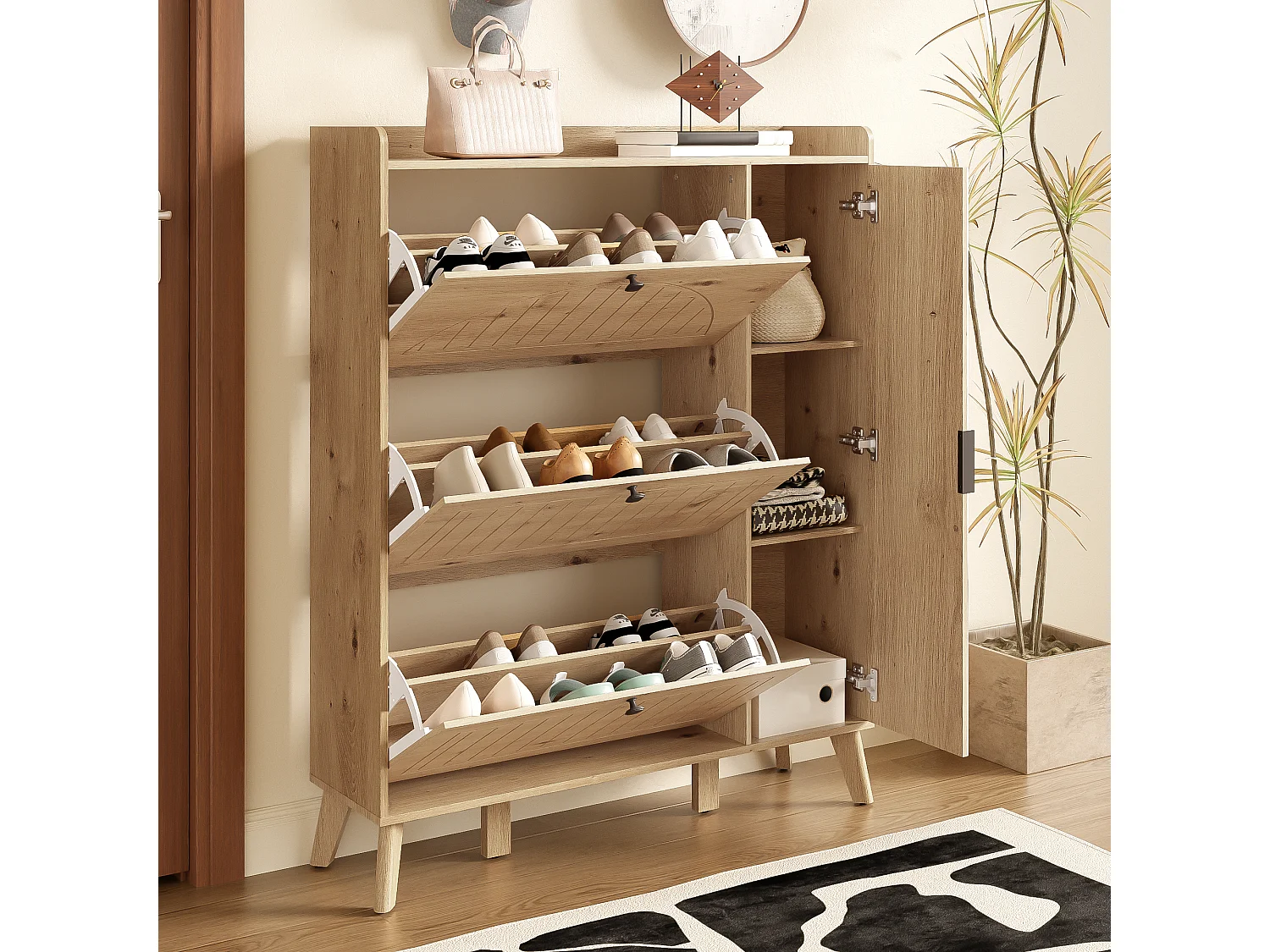 Scarpiera moderna con specchio e ante a battente + ripiano - 110 x 24 x 137,5 cm - MDF - naturale