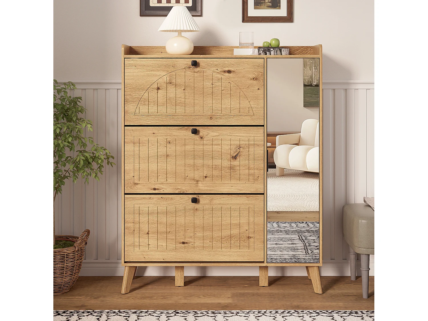 Meuble à chaussures moderne avec miroir et portes à charnières + étagère - 110 x 24 x 137.5 cm - MDF - naturel