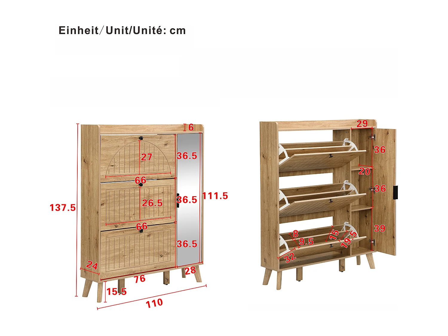 Meuble à chaussures moderne avec miroir et portes à charnières + étagère - 110 x 24 x 137.5 cm - MDF - naturel