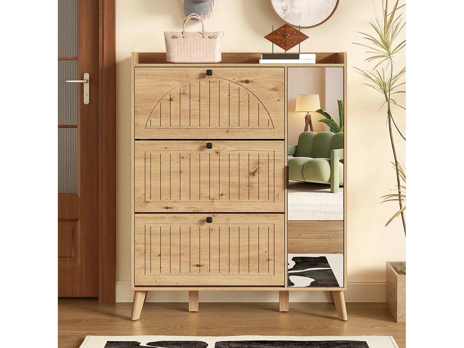 Meuble à chaussures moderne avec miroir et portes à charnières + étagère - 110 x 24 x 137.5 cm - MDF - naturel