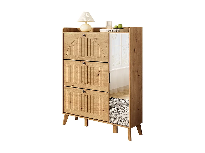 Meuble à chaussures moderne avec miroir et portes à charnières + étagère - 110 x 24 x 137.5 cm - MDF - naturel