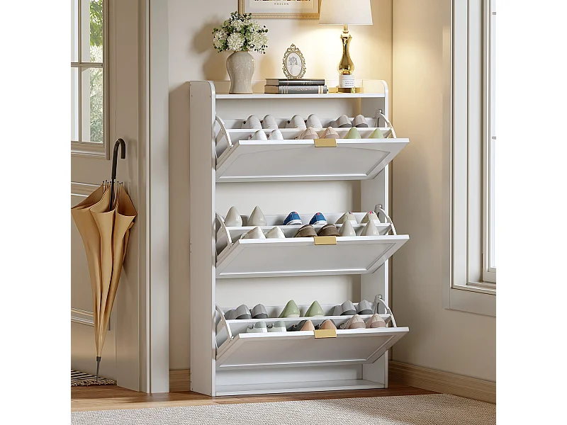 Meuble à chaussures étroit à 3 compartiments - 76 x 23 x 118 cm - pour entrée et salon - aggloméré - blanc