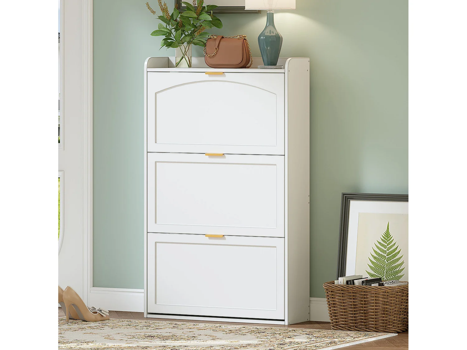 Meuble à chaussures étroit à 3 compartiments - 76 x 23 x 118 cm - pour entrée et salon - aggloméré - blanc