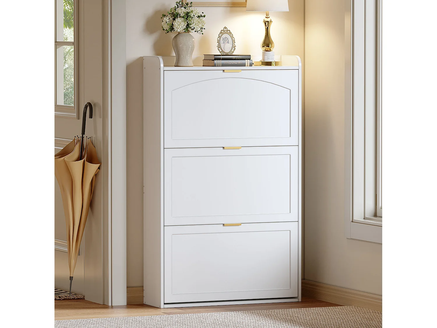 Smalle 3-vaks schoenenkast - 76 x 23 x 118 cm - voor hal en woonkamer - spaanplaat - wit