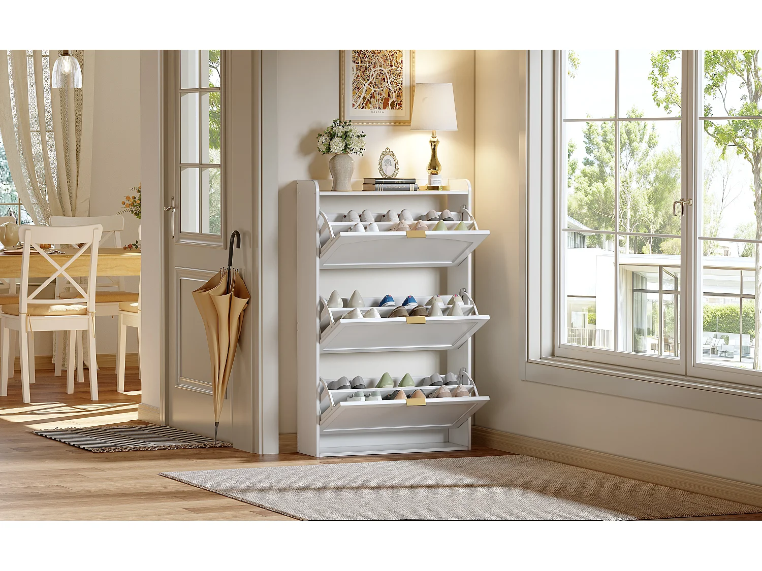 Smalle 3-vaks schoenenkast - 76 x 23 x 118 cm - voor hal en woonkamer - spaanplaat - wit