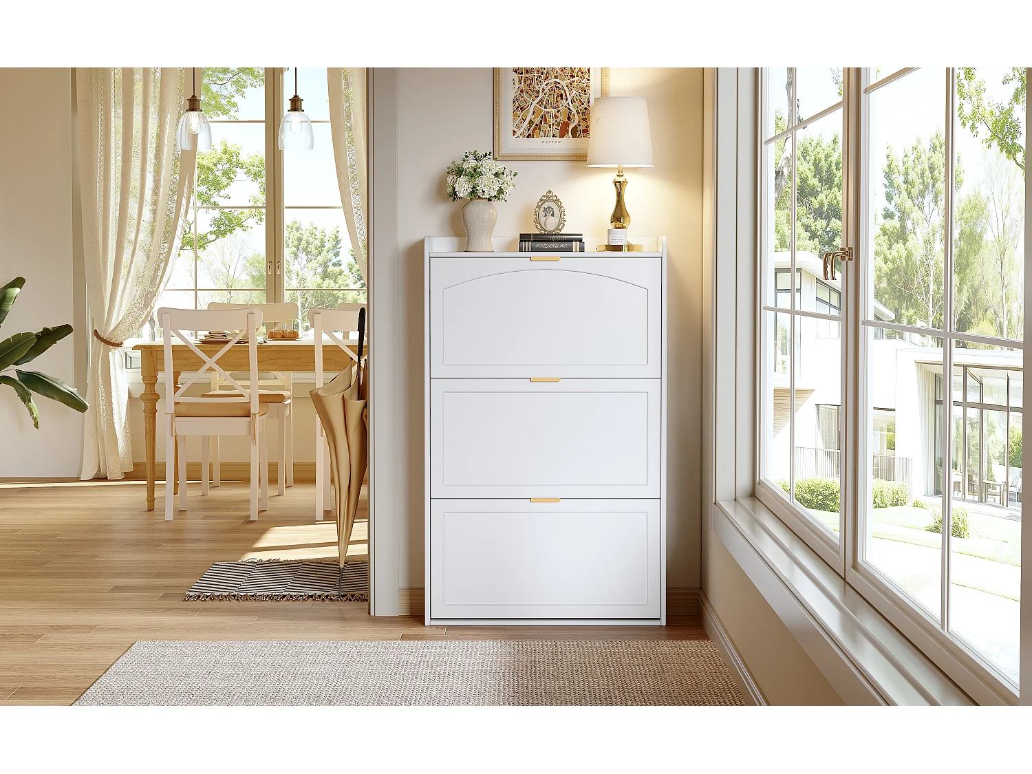 Smalle 3-vaks schoenenkast - 76 x 23 x 118 cm - voor hal en woonkamer - spaanplaat - wit