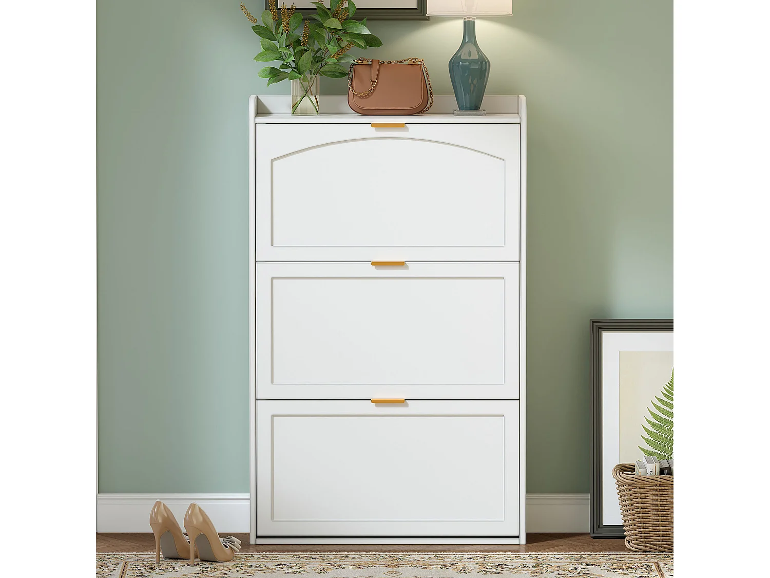 Wąska szafka na buty z 3 przegródkami - 76 x 23 x 118 cm - do przedpokoju i salonu - płyta wiórowa - kolor biały