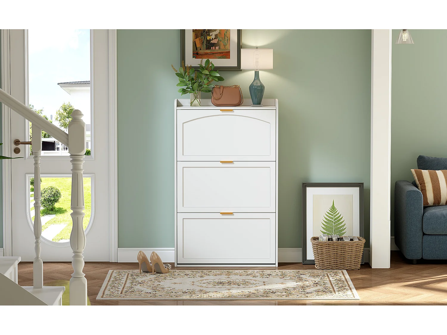 Wąska szafka na buty z 3 przegródkami - 76 x 23 x 118 cm - do przedpokoju i salonu - płyta wiórowa - kolor biały
