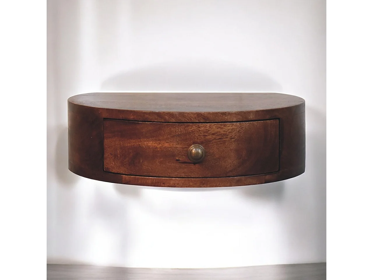 Artisan Furniture Massivholz Wandmontiertes, abgerundetes Nachttischchen in Honig-Karamellfarbe