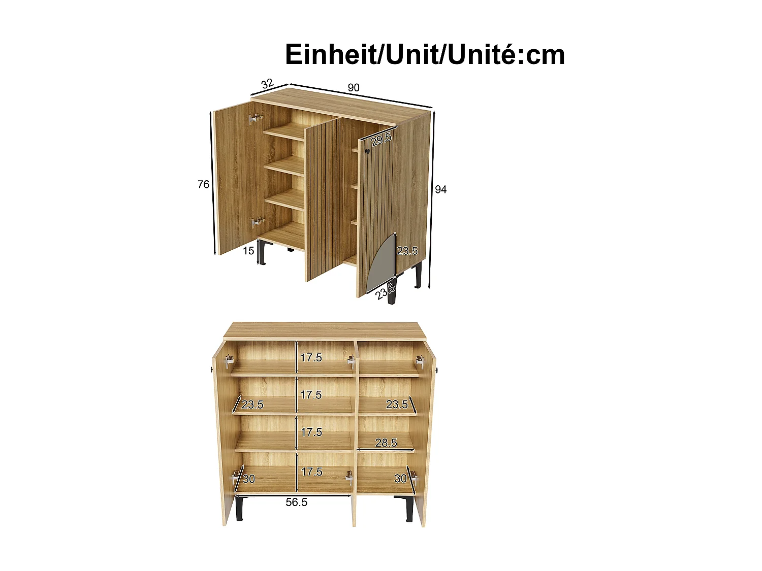 Moderner Schuhschrank – 90 x 32 x 94 cm – Holzoptik mit 3 Türen – Spanplatte – natur