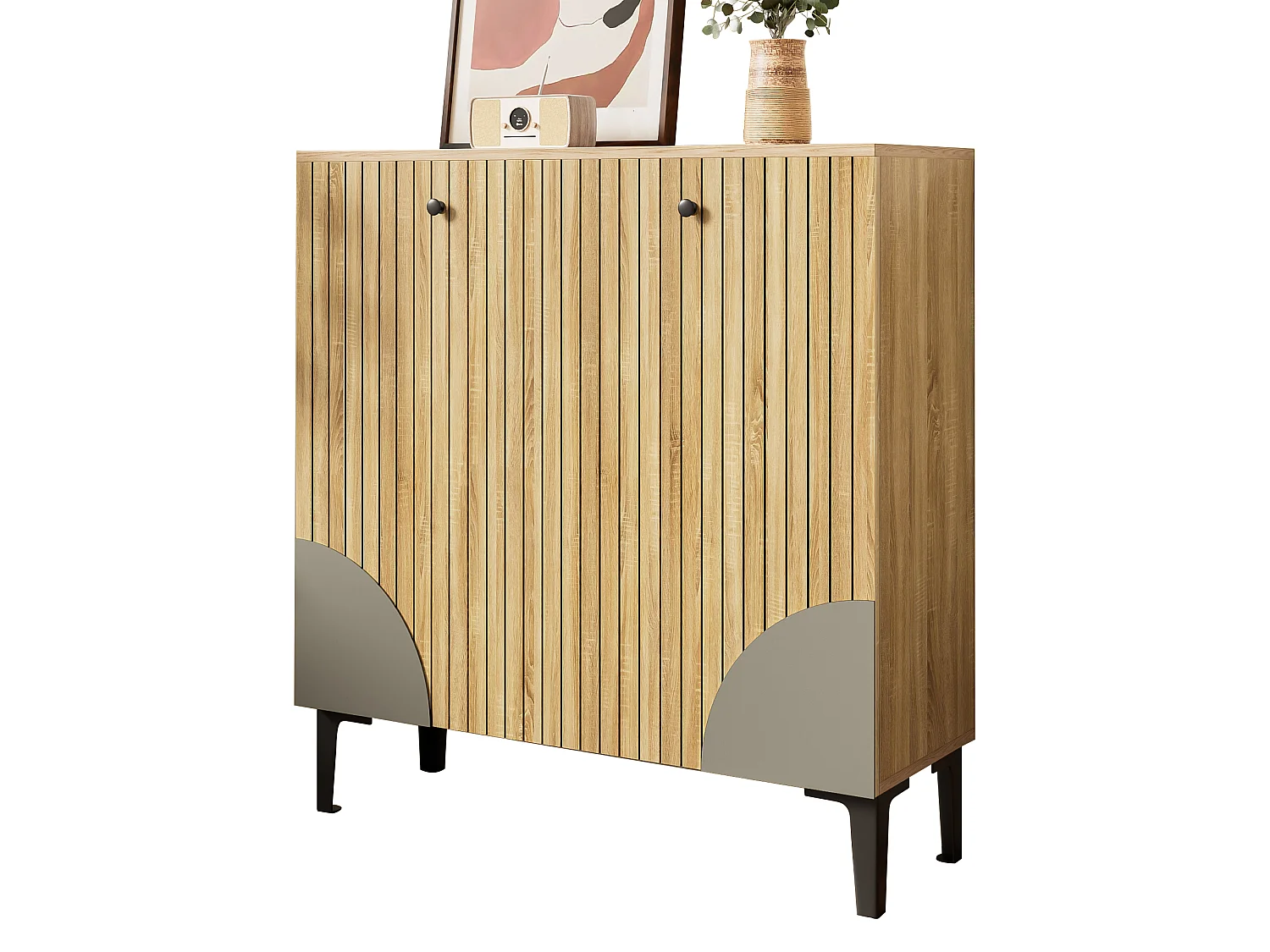 Meuble à chaussures moderne - 90 x 32 x 94 cm - aspect bois avec 3 portes - aggloméré - naturel