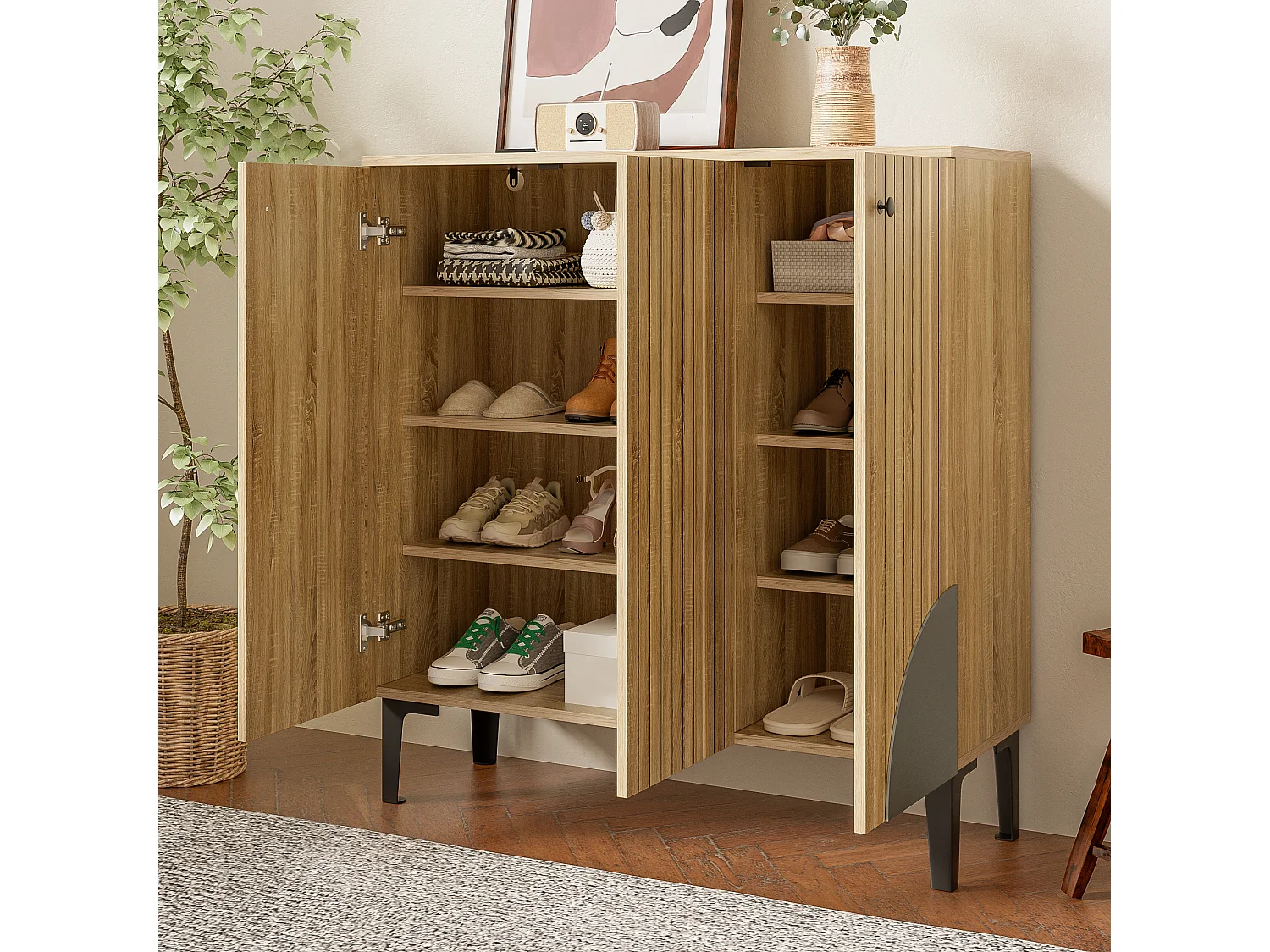 Meuble à chaussures moderne - 90 x 32 x 94 cm - aspect bois avec 3 portes - aggloméré - naturel