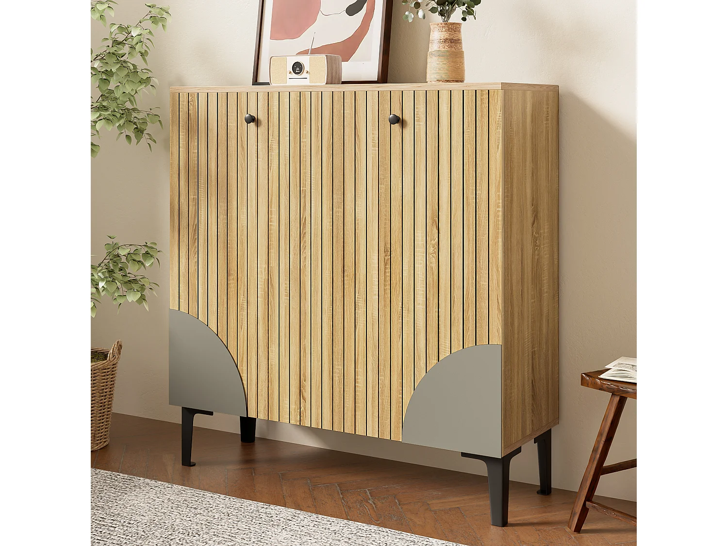 Meuble à chaussures moderne - 90 x 32 x 94 cm - aspect bois avec 3 portes - aggloméré - naturel