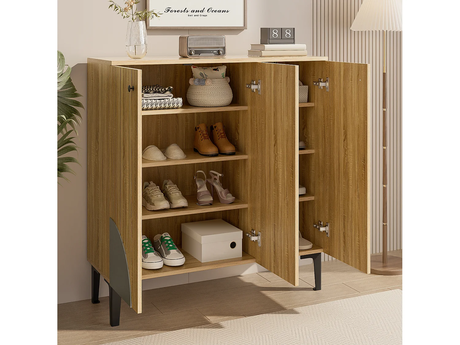 Meuble à chaussures moderne - 90 x 32 x 94 cm - aspect bois avec 3 portes - aggloméré - naturel