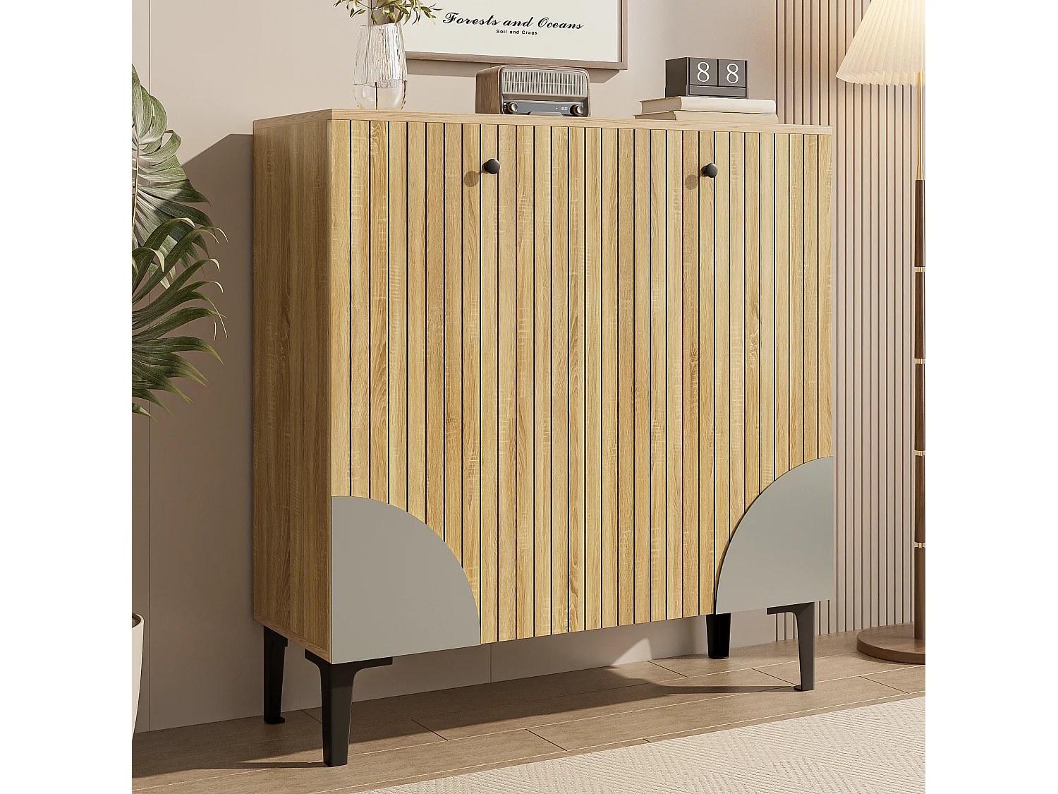 Meuble à chaussures moderne - 90 x 32 x 94 cm - aspect bois avec 3 portes - aggloméré - naturel