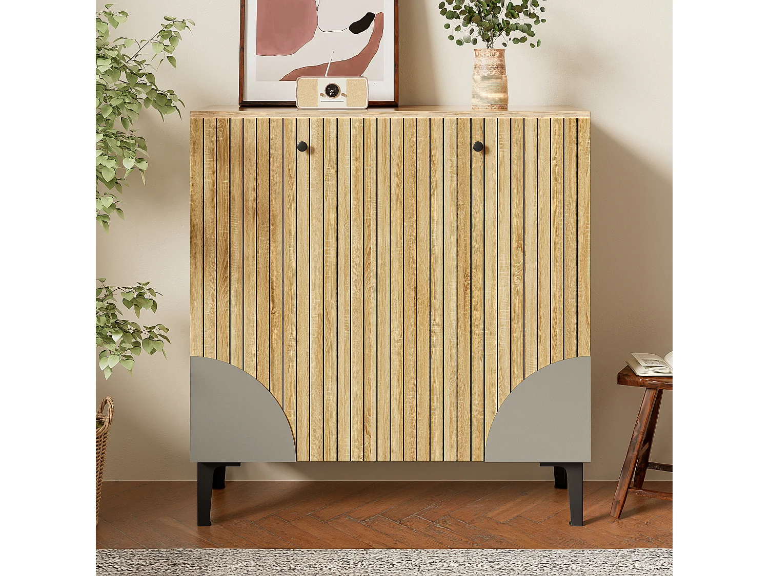 Meuble à chaussures moderne - 90 x 32 x 94 cm - aspect bois avec 3 portes - aggloméré - naturel
