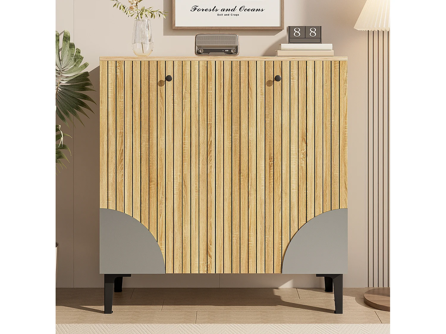 Meuble à chaussures moderne - 90 x 32 x 94 cm - aspect bois avec 3 portes - aggloméré - naturel