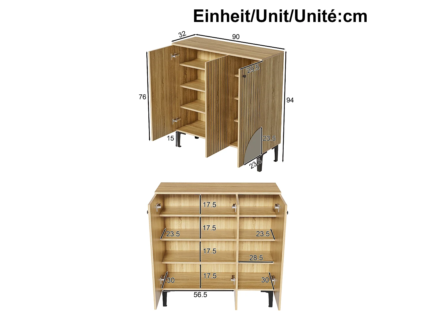 Meuble à chaussures moderne - 90 x 32 x 94 cm - aspect bois avec 3 portes - aggloméré - naturel