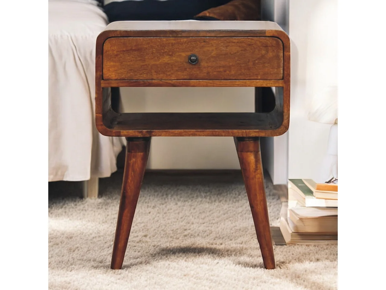 Artisan Furniture Bois massif Table de Nuit Avora en Châtaignier avec Tiroir et Niche Ouverte