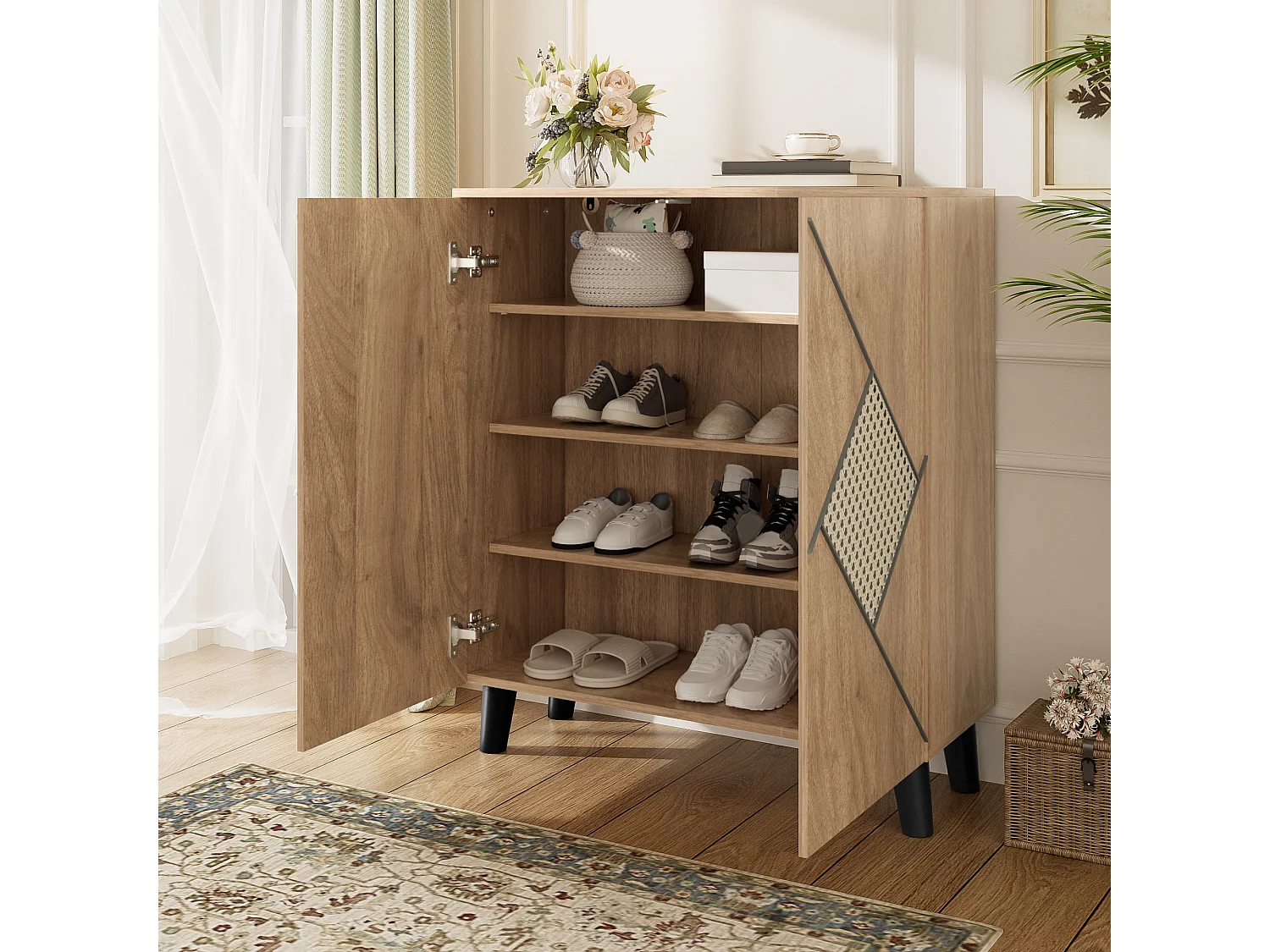 Moderner Schuhschrank mit dekorativem Rattanmuster – 80 x 32 x 91 cm – mit 2 Türen – Spanplatte – natur