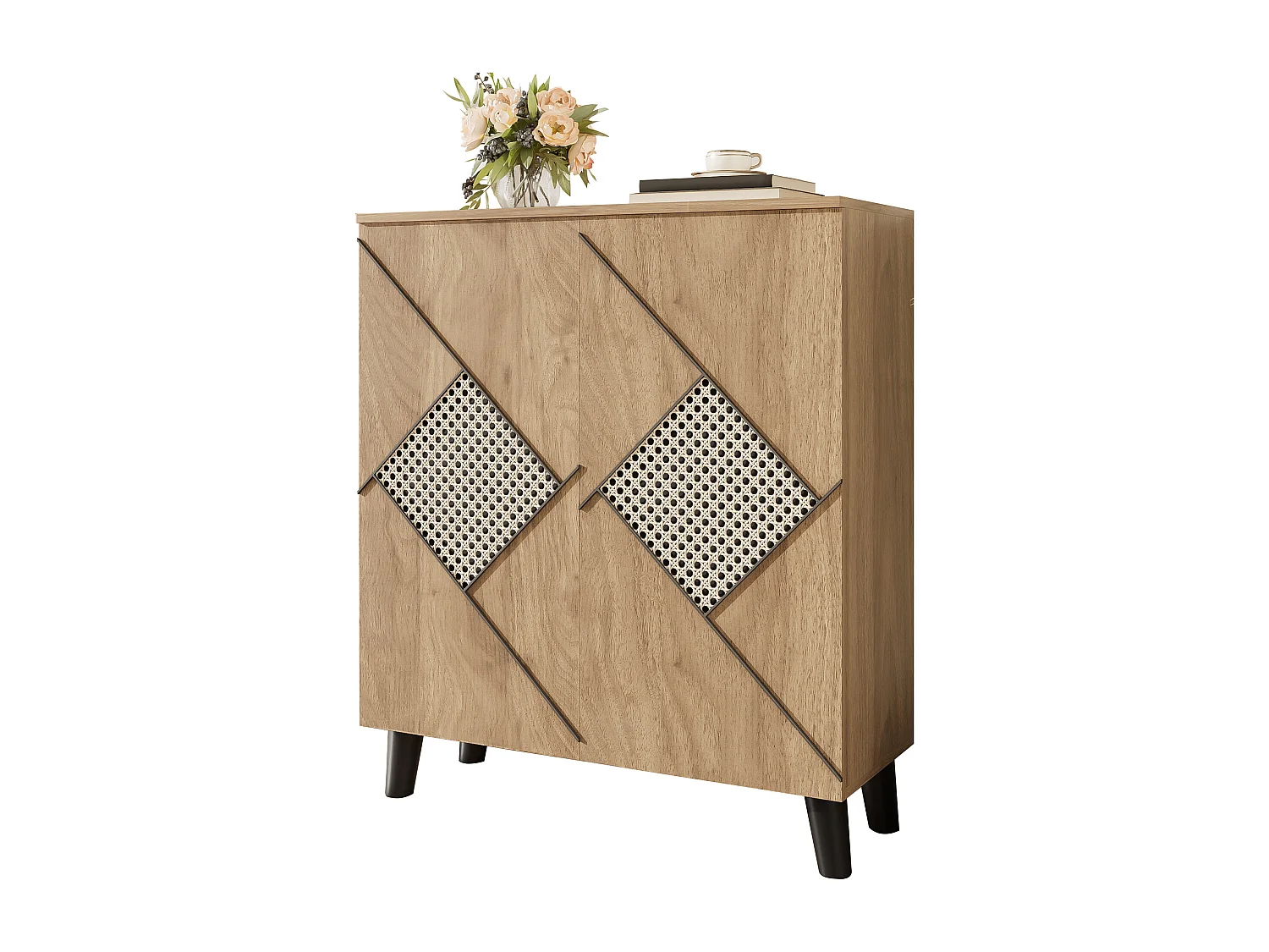 Scarpiera moderna con motivo decorativo in rattan - 80 x 32 x 91 cm - con 2 ante - truciolare - naturale