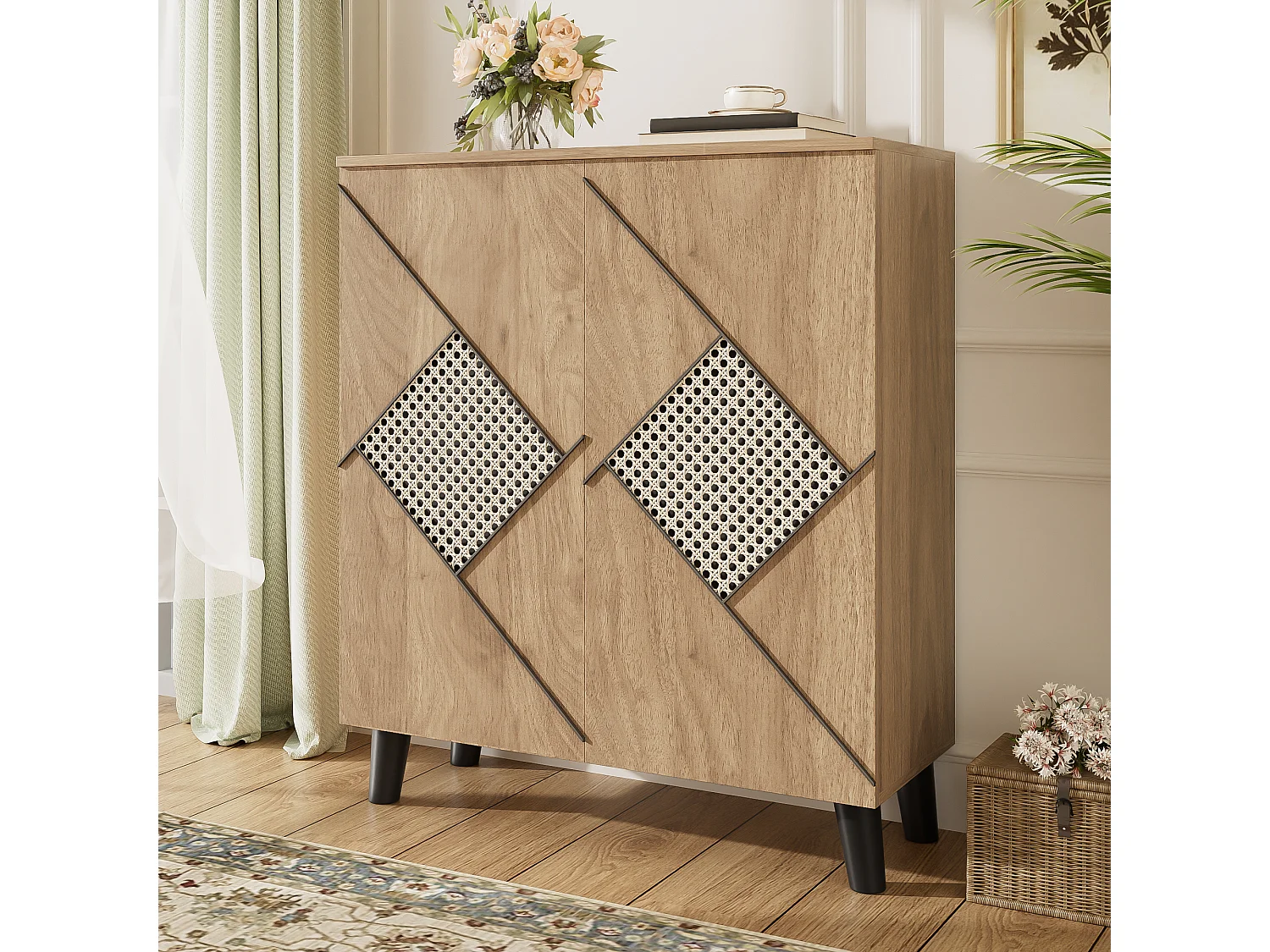 Scarpiera moderna con motivo decorativo in rattan - 80 x 32 x 91 cm - con 2 ante - truciolare - naturale