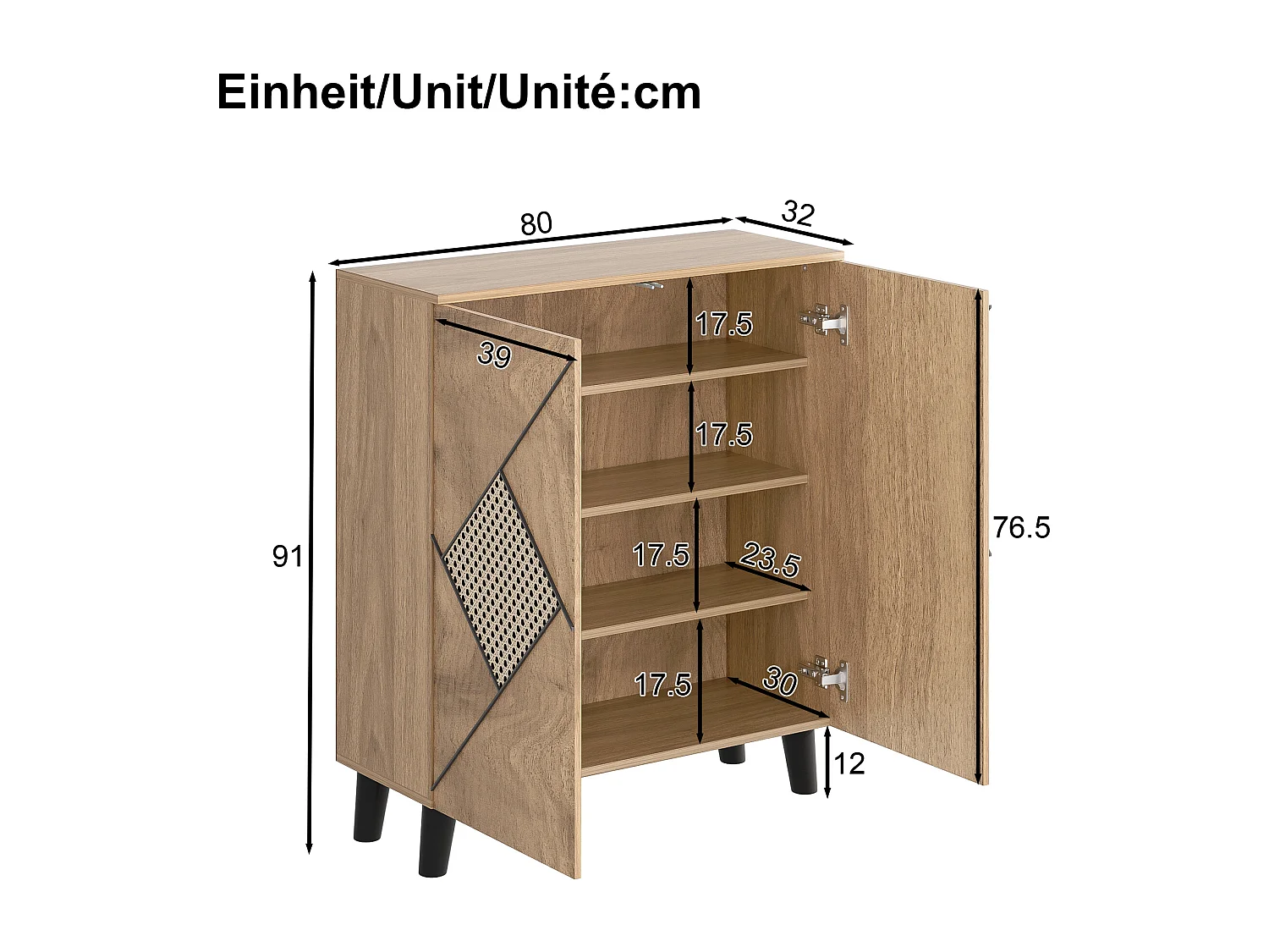 Scarpiera moderna con motivo decorativo in rattan - 80 x 32 x 91 cm - con 2 ante - truciolare - naturale