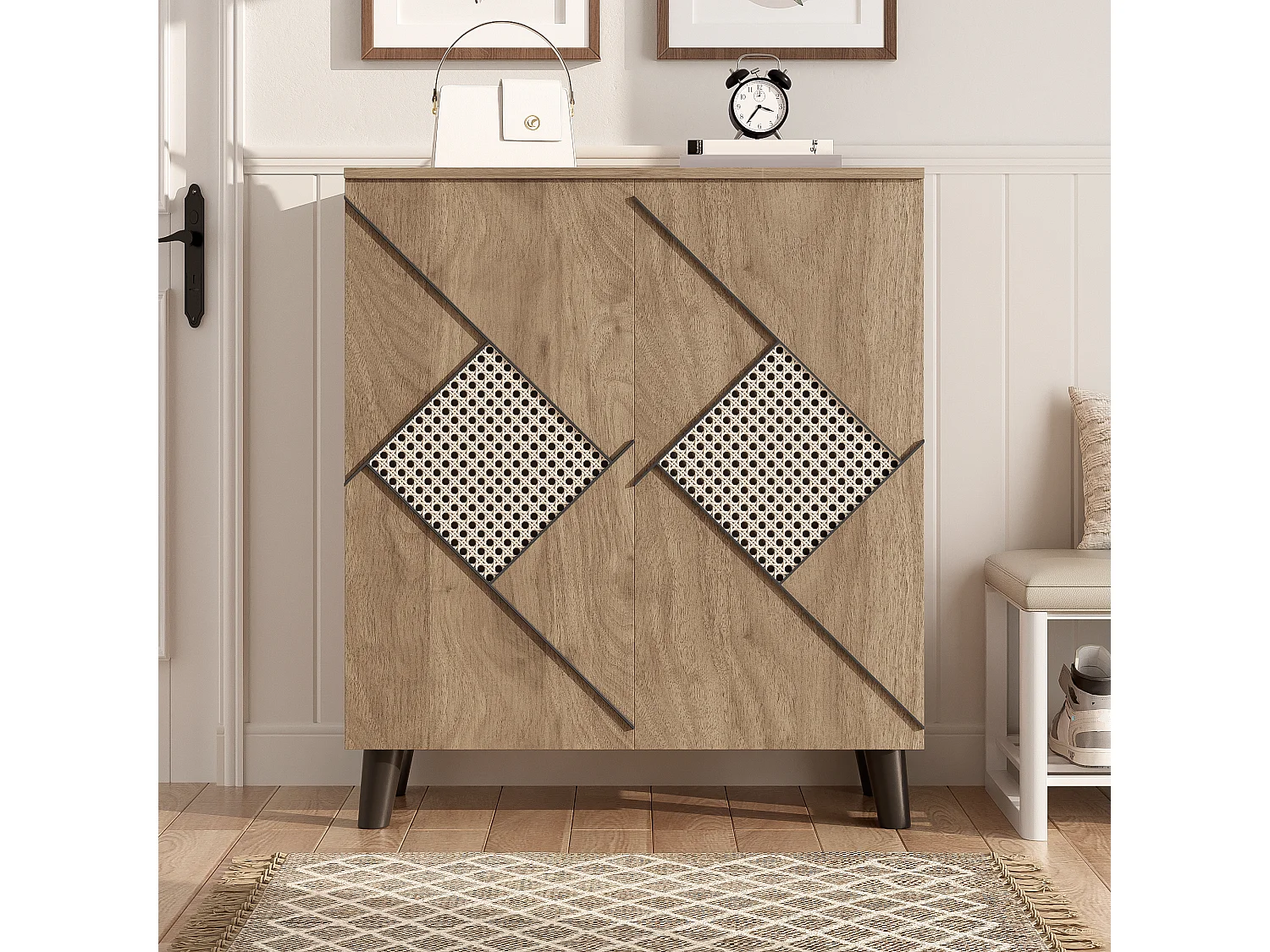 Scarpiera moderna con motivo decorativo in rattan - 80 x 32 x 91 cm - con 2 ante - truciolare - naturale