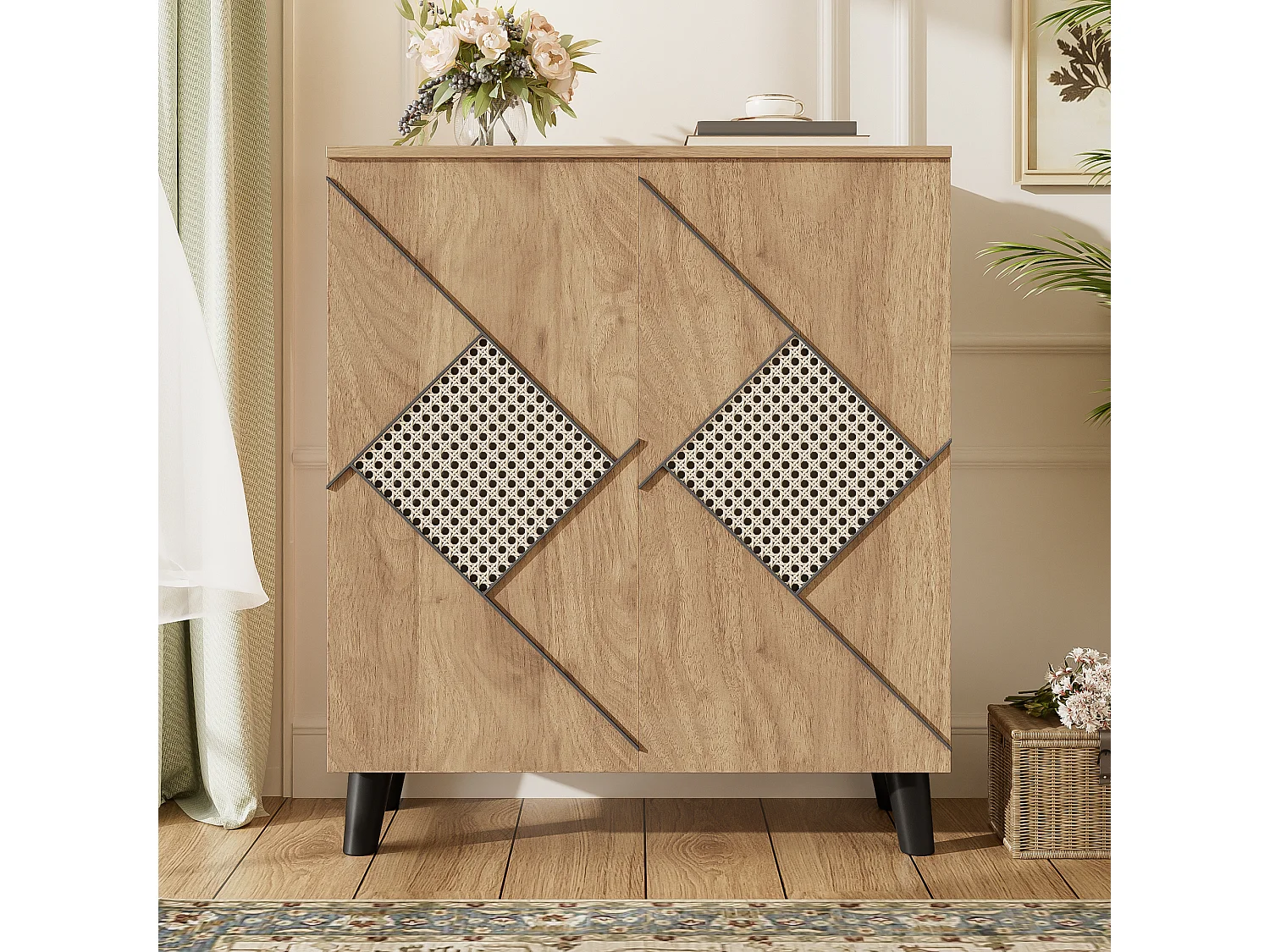 Meuble à chaussures moderne avec motif rotin décoratif - 80 x 32 x 91 cm -  avec 2 portes - aggloméré - naturel