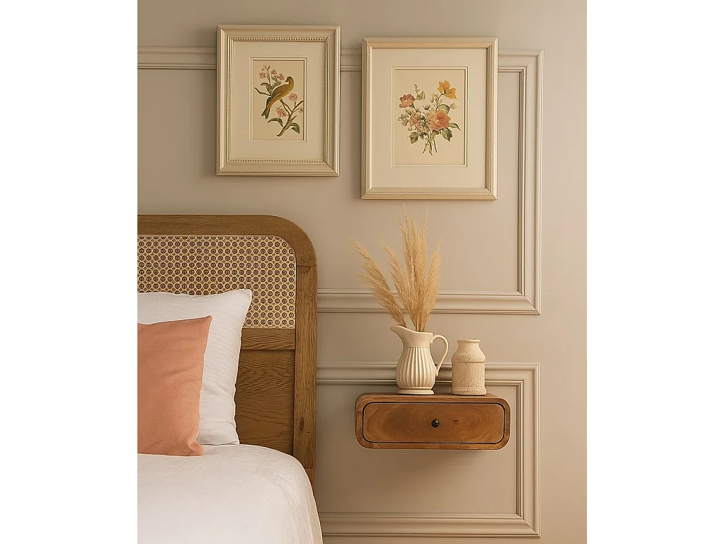 Artisan Furniture Bois massif Table de Nuit Murale Avora Finition Chêne Clair avec 1 Tiroir