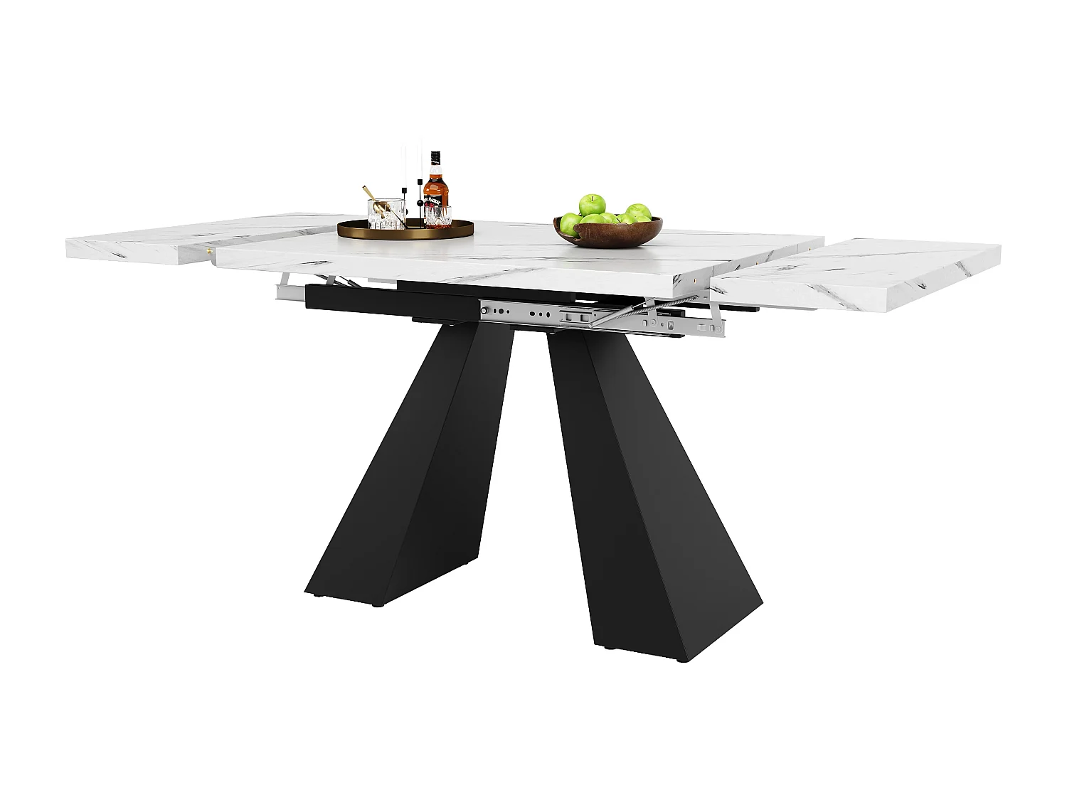 Table à manger extensible - 99-159 x 74 x 77 cm - Plateau en effet marbre - MDF et métal - Blanc + noir