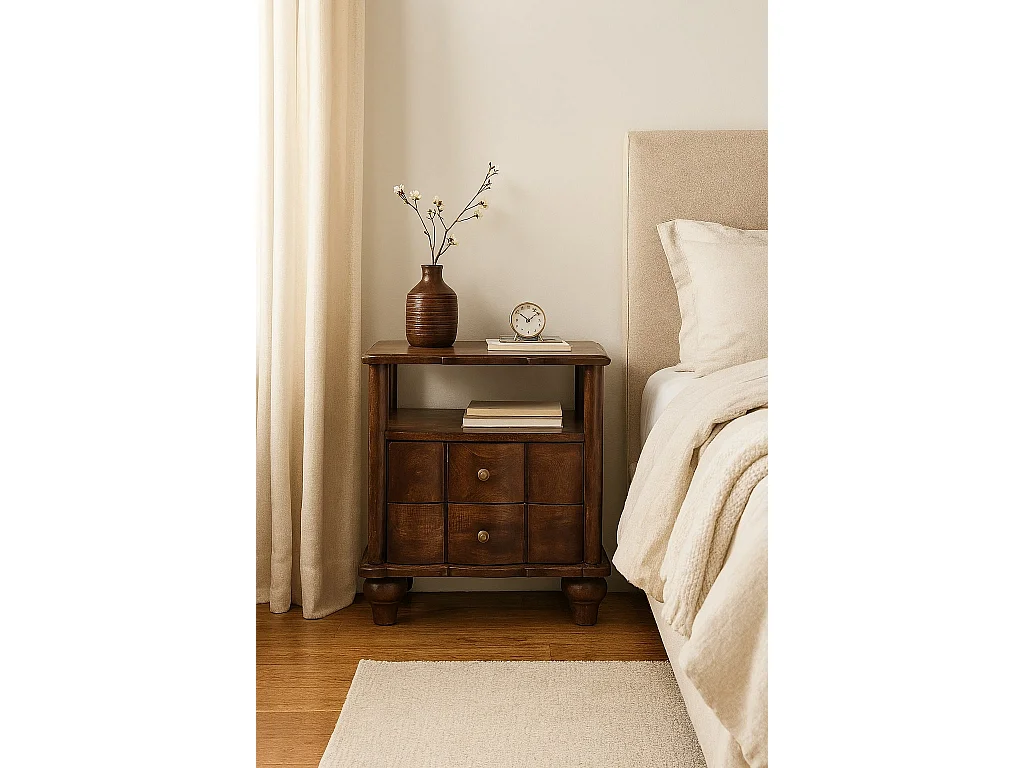 Meuble artisanal – Table de chevet Lume Roasted Shelf, 2 tiroirs, 1 étagère ouverte, marro